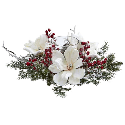 Frosted Magnolia & Berry Artificial Arrangement Candelabrum Default Title