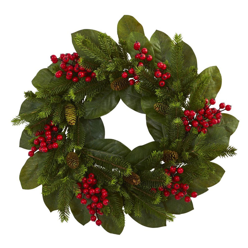 24” Magnolia Leaf, Berry and Pine Artificial Wreath Default Title