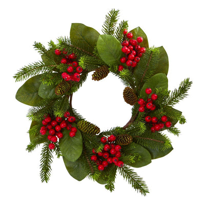 19” Magnolia Leaf, Berry and Pine Artificial Wreath Default Title