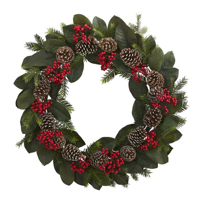 30” Magnolia Leaf, Berry, Pine and Pine Cone Artificial Wreath Default Title