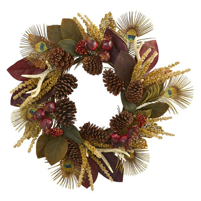 27” Magnolia Leaf, Berry, Antler and Peacock Feather Artificial Wreath Default Title