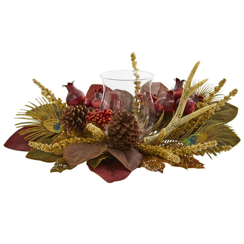 Magnolia, Berry, Antler and Peacock Feather Artificial Candelabrum Arrangement Default Title