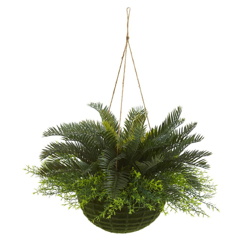 Cycas Artificial Plant in Mossy Hanging Basket (Indoor/Outdoor) Default Title