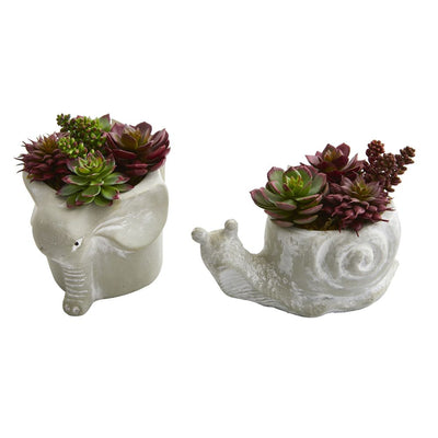 Succulent Artificial Plant in Elephant and Snail Planter (Set of 2) Default Title