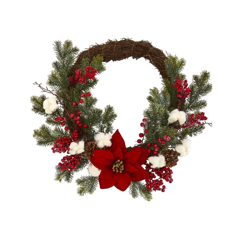 19” Poinsettia with Berries and Cotton Artificial Wreath Default Title