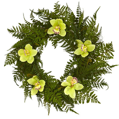 24” Mixed Fern and Cymbidium Orchid Artificial Wreath Default Title