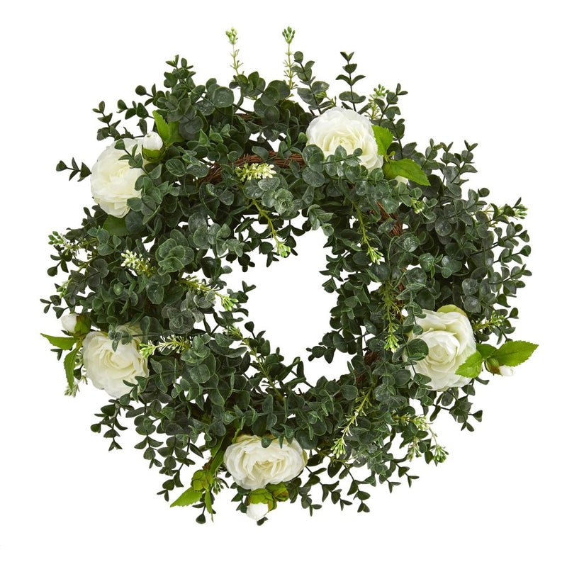 18” Eucalyptus and Camellia Double Ring Artificial Wreath with Twig Base Default Title