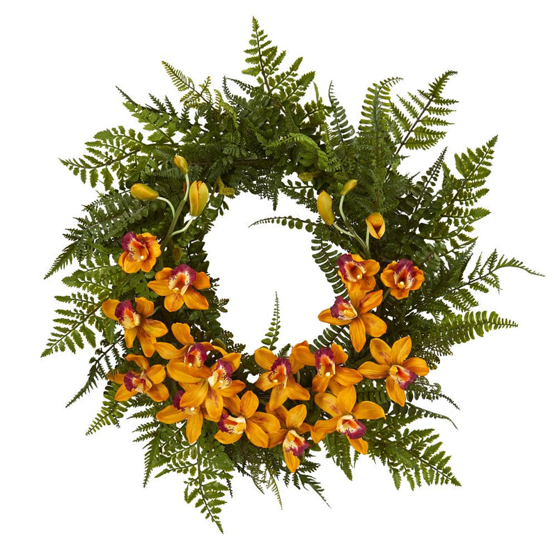 24” Mixed Fern and Cymbidium Orchid Artificial Wreath Default Title