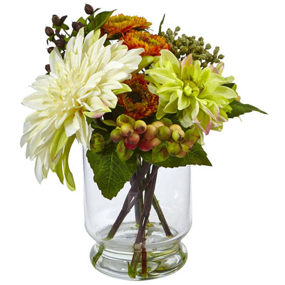 Mixed Dahlia and Mum with Glass Vase Default Title