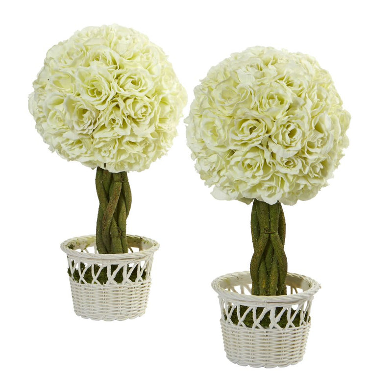 13" Rose Topiary in White Pot Artificial Plant (Set of 2) Default Title