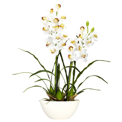 Cymbidium w/White Vase Silk Flower Arrangement Default Title