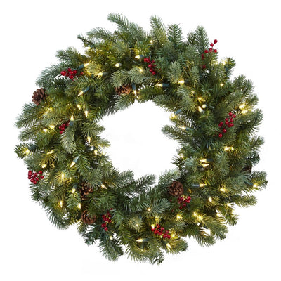 30” Lighted Pine Wreath w/Berries & Pine Cones Default Title