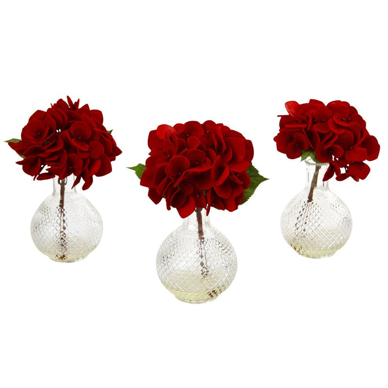 Red Hydrangea w/Glass Vase (Set of 3) Default Title