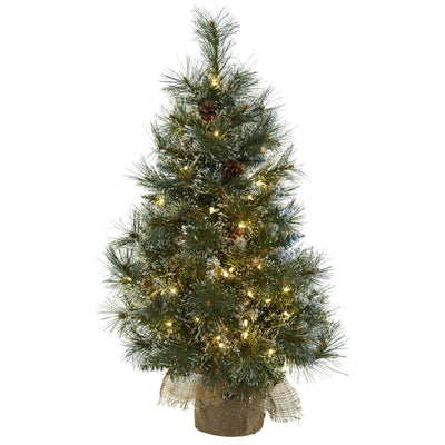 3’ Christmas Tree w/Clear Lights, Frosted Tips, Pine Cones & Burlap Bag Default Title