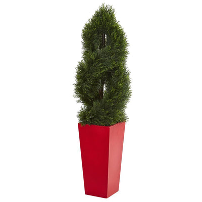 4.5' Double Pond Cypress Spiral Artificial Tree in Red Planter UV Resistant (Indoor/Outdoor) Default Title