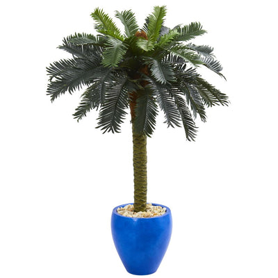 4' Sago Palm Artificial Tree in Glazed Blue Planter Default Title