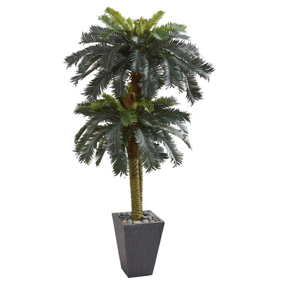 6' Double Sago Palm Artificial Tree Slate Finished Planter Default Title