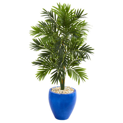 4' Areca Palm Artificial Tree in Glazed Blue Planter Default Title