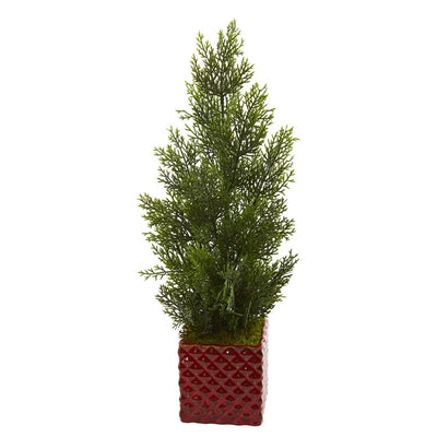 25” Mini Cedar Pine Artificial Tree in Red Planter (Indoor/Outdoor) Default Title