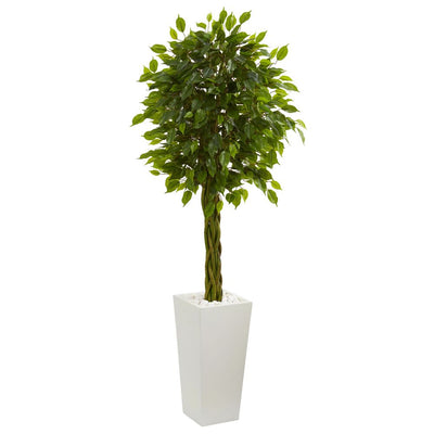 5’ Braided Ficus Artificial Tree in White Tower Planter UV Resistant (Indoor/Outdoor) Default Title