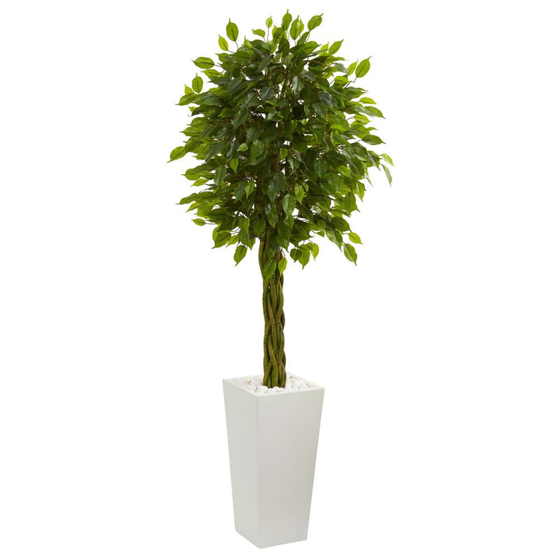 5’ Braided Ficus Artificial Tree in White Tower Planter UV Resistant (Indoor/Outdoor) Default Title