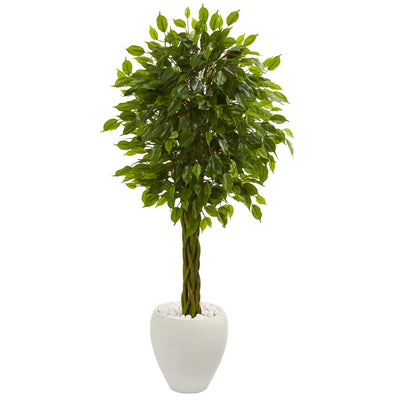 4.5’ Braided Ficus Artificial Tree in White Planter UV Resistant (Indoor/Outdoor) Default Title