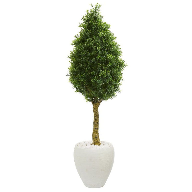 4.5’ Boxwood Cone Topiary Artificial Tree in White Oval Planter UV Resistant (Indoor/Outdoor) Default Title