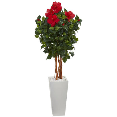 5' Hibiscus Artificial Tree in White Tower Planter Default Title