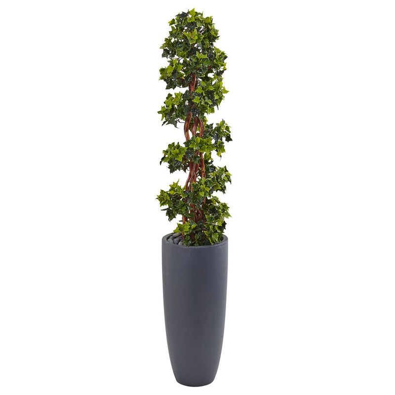 5’ English Ivy Spiral Topiary Tree in Gray Cylinder Planter UV Resistant (Indoor/Outdoor) Default Title