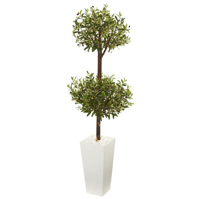 5.5' Olive Artificial Double Topiary Tree in White Tower Planter Default Title