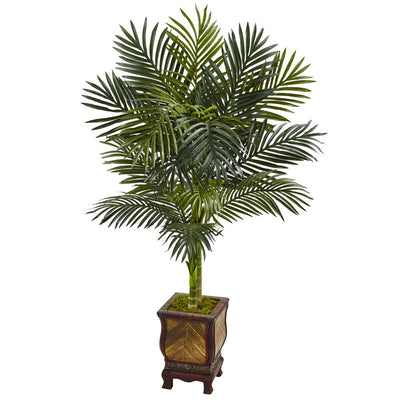 4.5’ Golden Cane Palm Tree in Wooden Decorated Planter Default Title