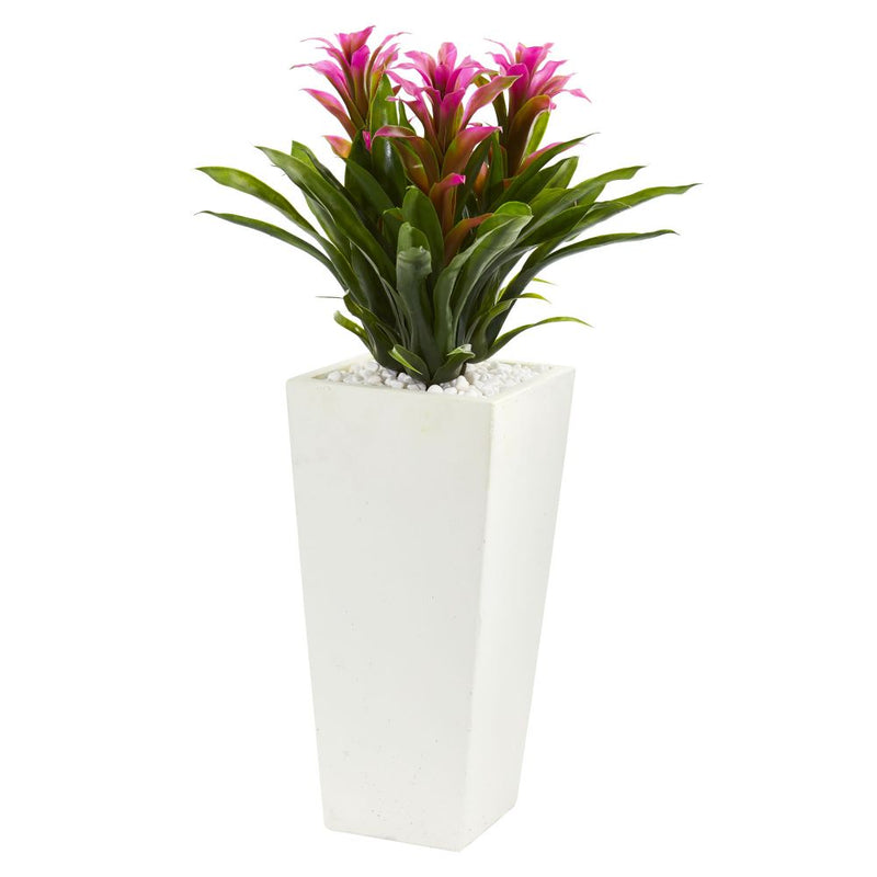 Triple Bromeliad Artificial Plant in White Tower Planter Default Title