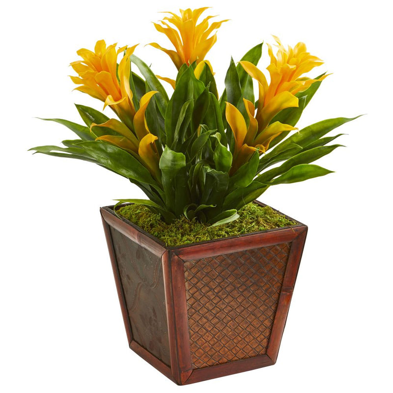 Triple Bromeliad Artificial Plant in Decorative Planter Default Title