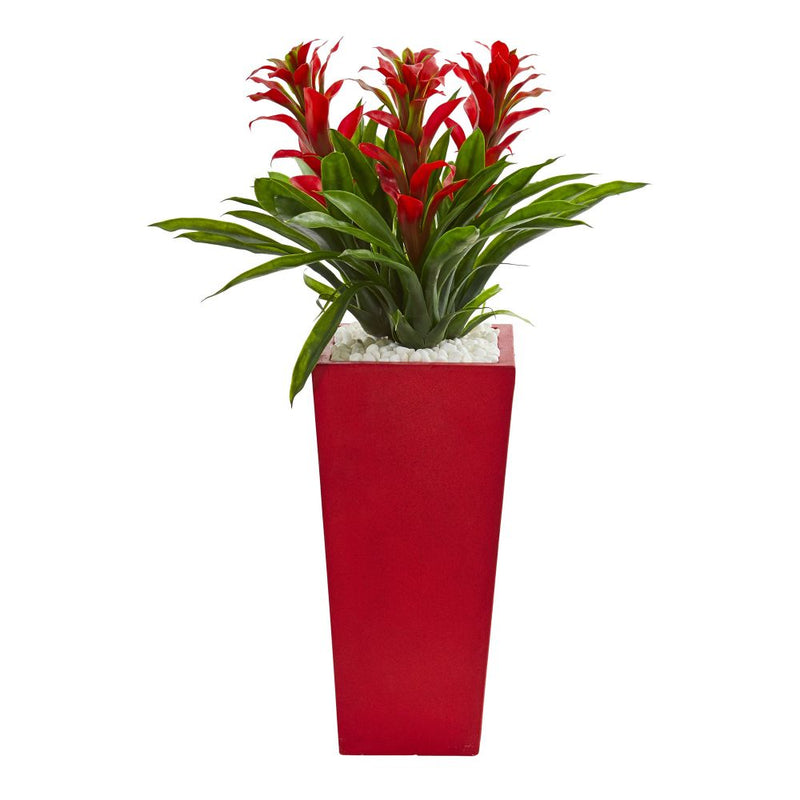 Triple Bromeliad Artificial Plant in Red Planter Default Title