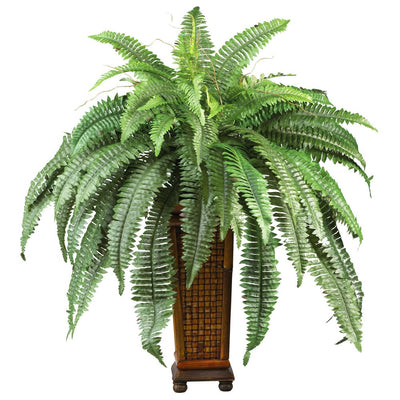 Boston Fern w/Decorative Wood Vase Silk Plant Default Title