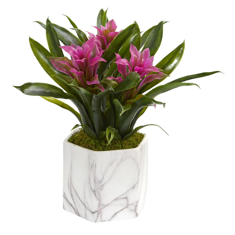 Bromeliad Artificial Plant in Marble Finished Vase Default Title