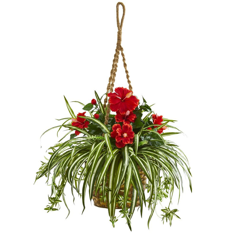 Hibiscus & Spider Artificial Plant in Hanging Basket Default Title