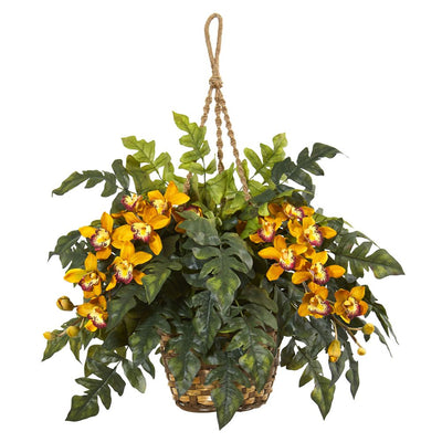 Cymbidium Orchid & Fern Artificial Arrangement in Hanging Basket Default Title