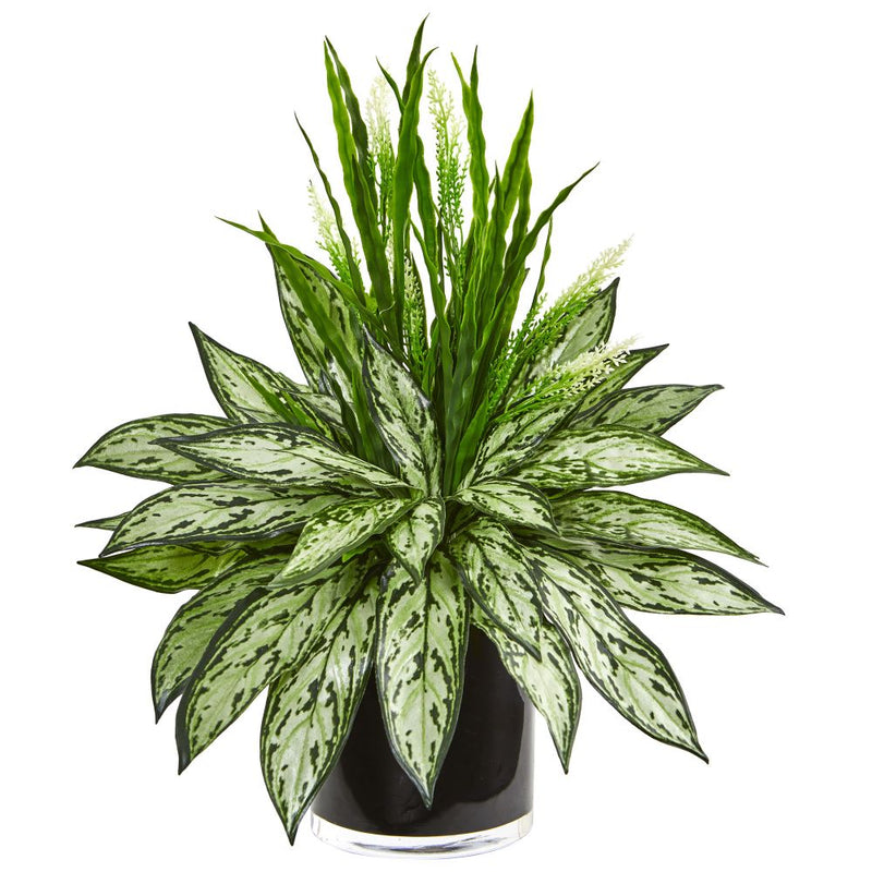 Silver Queen and Grass Artificial Plant in Black Vase Default Title