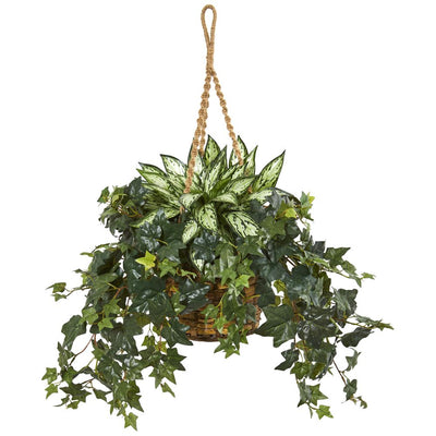 30” Silver Queen and Ivy Artificial Plant in Hanging Basket Default Title