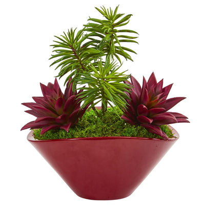 Succulent Garden Artificial Plant in Burgundy Vase Default Title