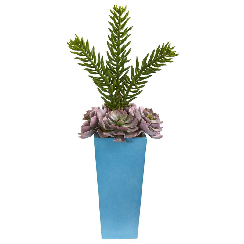 33” Echeveria and Spiky Succulent Artificial Plant in Blue Planter Default Title