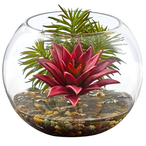 Mixed Succulent Artificial Plant in Round Glass Vase Default Title