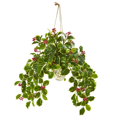 30” Variegated Holly Berry Artificial Plant in Hanging Vase (Real Touch) Default Title