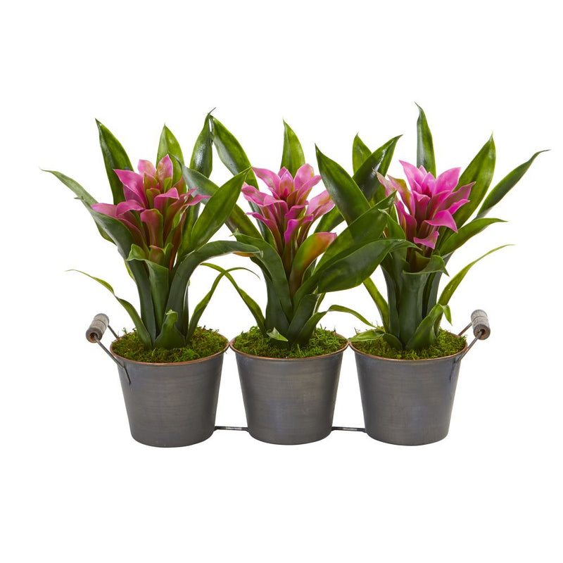 Triple Potted Bromeliad Artificial Plant in Decorative Planter Default Title