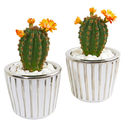 8” Flowering Cactus Artificial Plant in Decorative Planter (Set of 2) Default Title