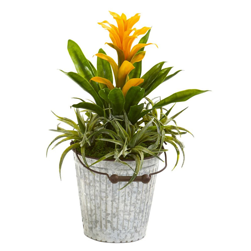 18” Bromeliad and Succulent Artificial Plant in Metal Bucket Default Title