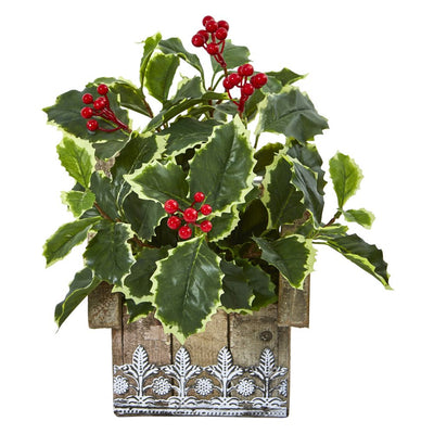 12” Variegated Holly Leaf Artificial Plant in Hanging Floral Design House Planter (Real Touch) Default Title