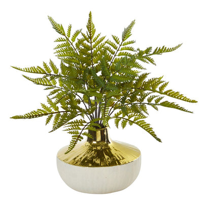 14” Fern Artificial Plant in Gold and Cream Elegant Vase Default Title