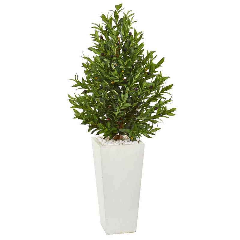 4’ Olive Cone Topiary Artificial Tree in White Planter UV Resistant (Indoor/Outdoor) Default Title